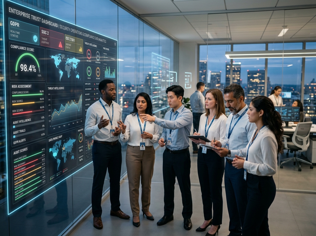 Enterprise security team reviewing trust dashboards